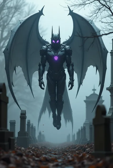 Bat armor robot suit man with purple glowing eyes floating in the middle of a graveyard 