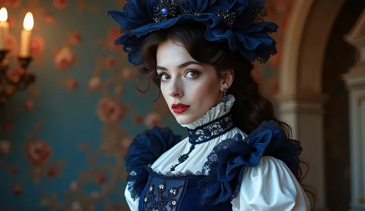 Czech Republic as a european middle east Gothic model in navy blue, white and carmine colors. intricated brocado and lace costume. Victorian Goth scene