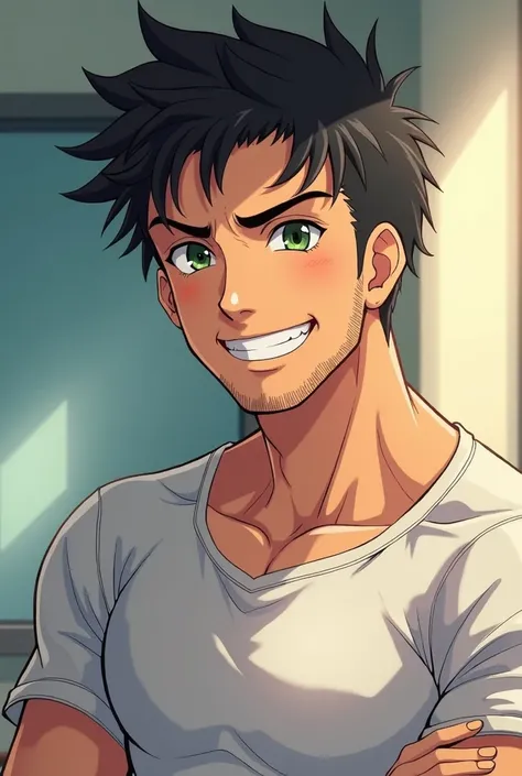 Anime styled attractive male close up portrait.  Aged mid twenties to early thirties, Green eyes, short black hair and small beard. Grinning with his eyes still open. Muscular wearing a tshirt