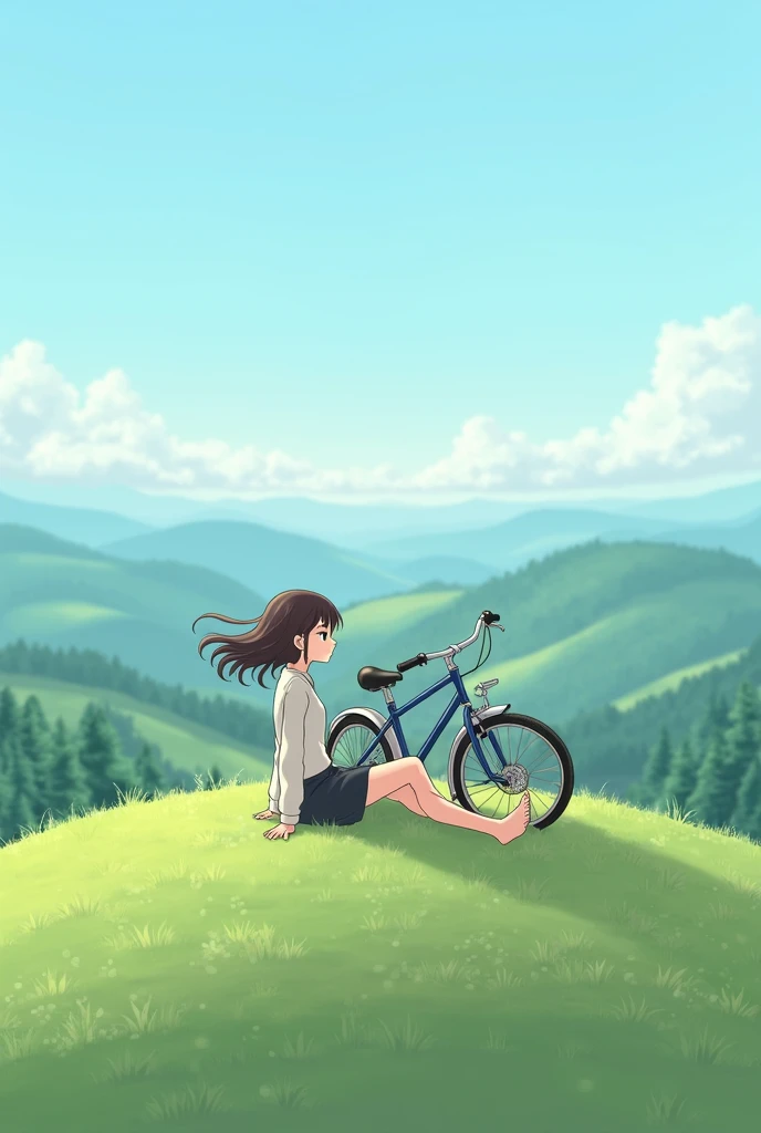 cute girl in simple clothes sitting on top of hill, her bicycle is lying nearby, She is resting with her face exposed to the breeze, the wind is blowing her hair, The hill offers a beautiful view just like in Miyazaki&#39;s animated films.