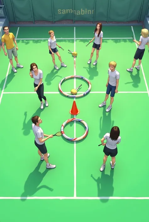 I want some people on a tennis court, where they make a row and in front is a cone and then a hula hoop, then a racket is like a circuit