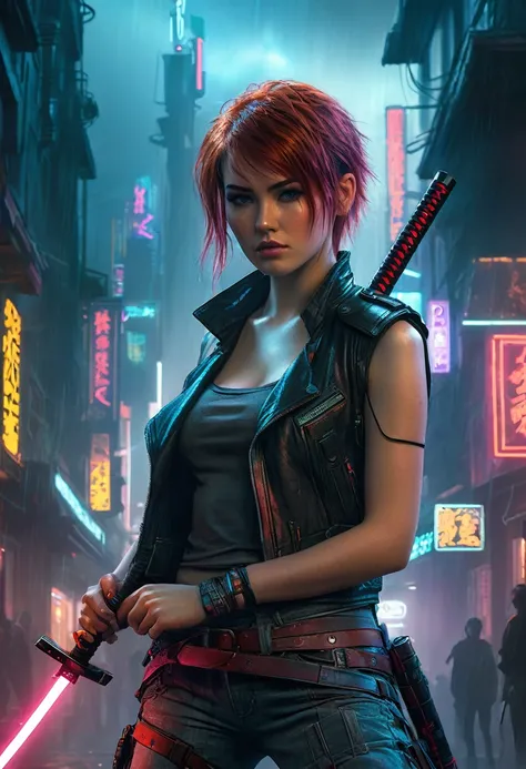 Red Head teen girl kneeling with katana in hand baton over shoulder harness. Leather jeans and leather vest. cyberpunk 2099 blade runner 2049 neon hyperdetailed charcoal drawing ethereal fantasy hyperdetailed mist Thomas Kinkade Epic cinematic brilliant st...