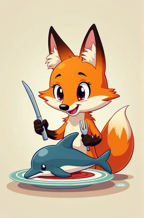 Cartoon fox eating dolphin on a plate