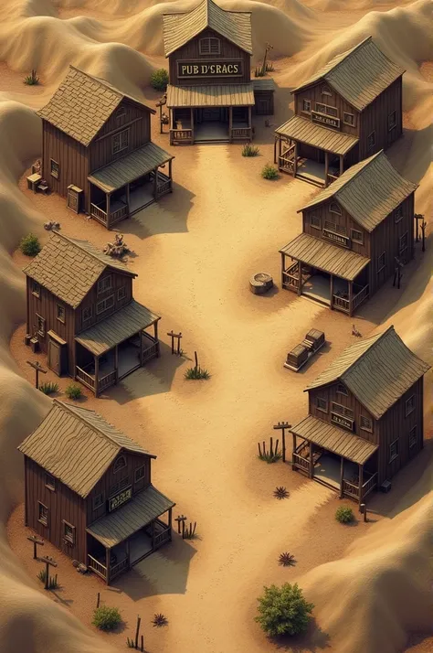 create a map for my old west rpg, I want you to have a barn/a pub/a gun shop/ a bank 