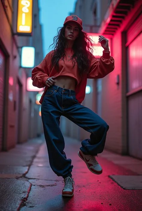 1990s , 1 dynamic female, 90s streetstyle hiphop fashion, baggy thick edgy  loose clothing, Melbourne shuffle  jumping shuffling  footwork ,  expressive pose, urban allyway environment, neon lights, cinematic lighting,, extremely detailed, photorealistic, ...