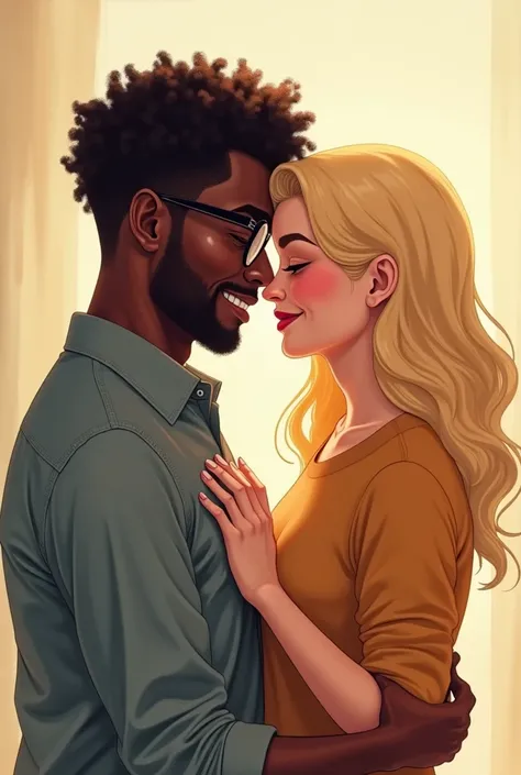 Create an image of a gay couple,where one is black with glasses and curly hair,and the other is the same height,with dark blonde curly hair,and slanted eyes and has white skin color.