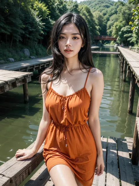 A 2 sexy woman with black hair, in orange summer dress, on a wooden bridge over a river, realestic