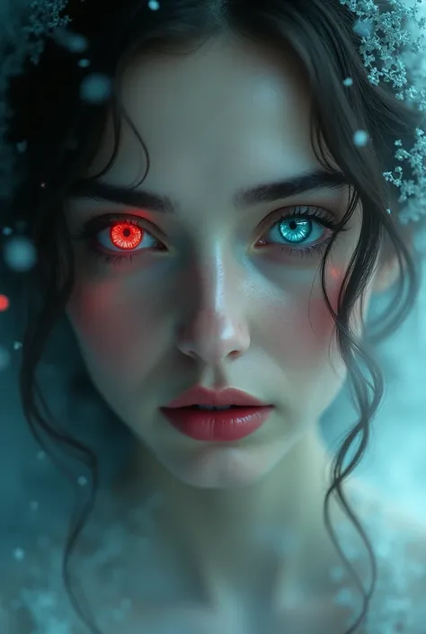 woman with a red eye, and a blue eye