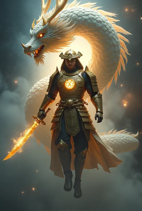 Crie um guerreiro samurai com armadura dourada com o simbolo ♒ no centro do peito na armadura luminoso, holding a fig sword in one hand and in the other hand holding an ice sword, show him full body suspended in space in the shape of a cosmic dragon