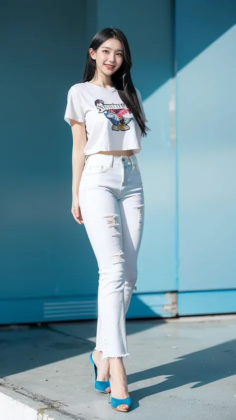 best quality, quality, masterpiece, photorealistic, 1girl，solo, White short sleeve，long blue jeans pants, long black hair,looking at viewer, smile, full body, white simple background