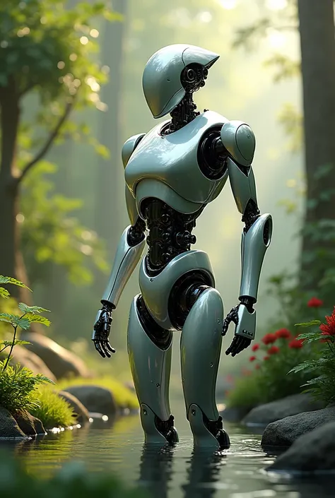 Create a picture of a robot in nature it is well polished and looks really good