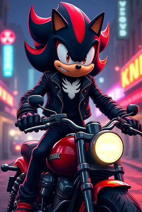 Shadow the hedgehog wearing black leather jacket, retro background , riding red motorcycle, colorful night lights, Halloween theme, cartoon style