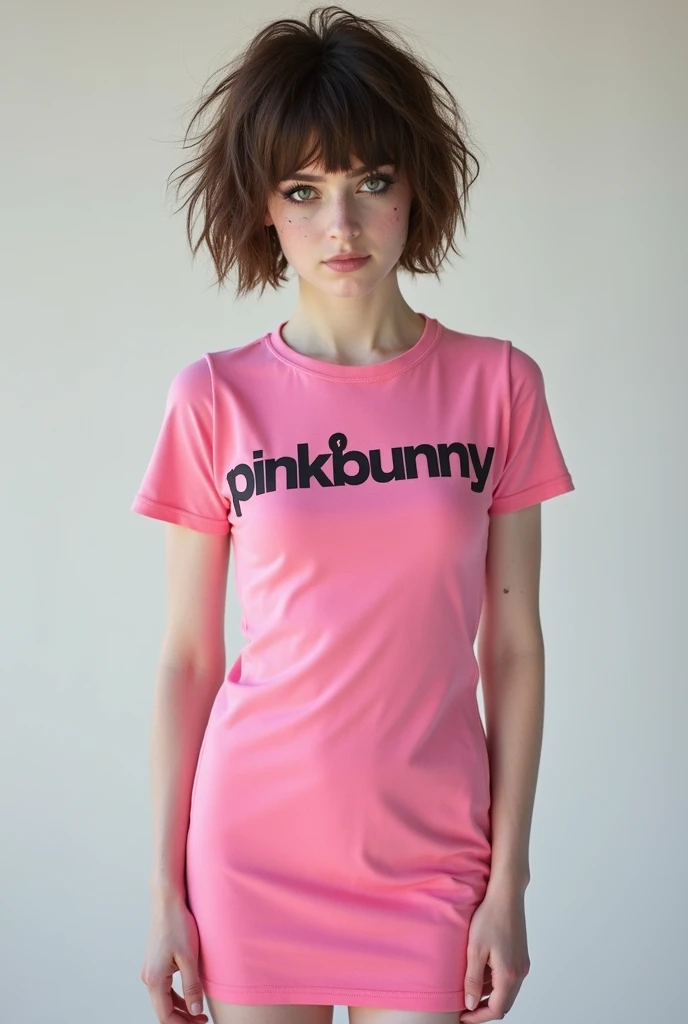 (front image)  white emo with short brown hair wearing a short tight pink dress with logo written on it "PinkBunny”