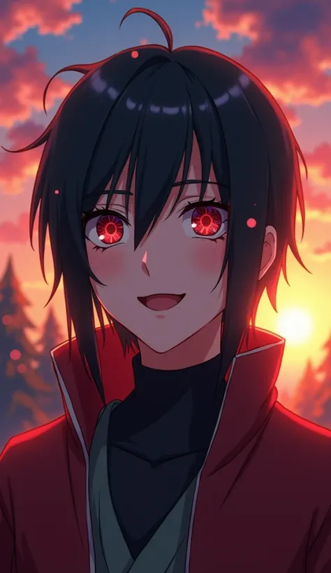 a breathtakingly beautiful anime-style portrait of itachi uchiha, with a dreamy, magical expression, set against the backdrop of a lush, colorful forest and a stunning sunset sky, (best quality,4k,8k,highres,masterpiece:1.2),ultra-detailed,(realistic,photo...