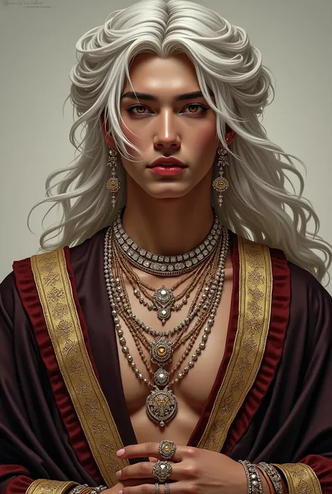 J-hope as an Arab with lots of jewelry, with dark skin and long white hair