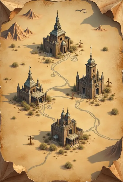 in this style I wanted a big map in the desert, I wanted it as if it were on an ancient papyrus with about 4 cities, for a wild west rpg, I don&#39;t want houses to appear, I want more like a plant