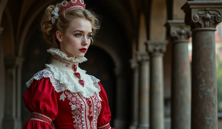 Denmark as an european viking Gothic model in carmine red and white. intricated brocado and lace costume. Victorian Goth scene