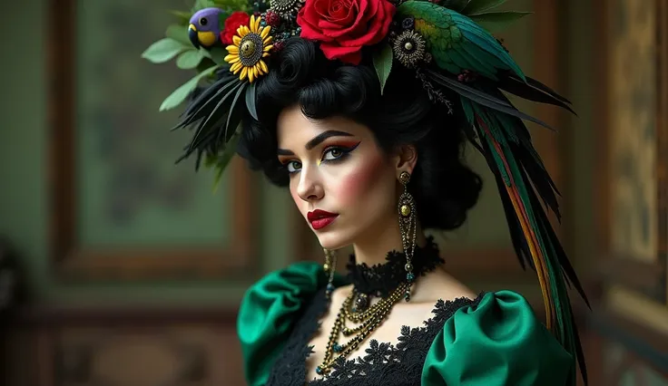 Dominica as a caribbean Gothic model in dark green, black, white, yellow and red. There is a purple parrot in it. intricated brocado and lace costume. Victorian Goth scene