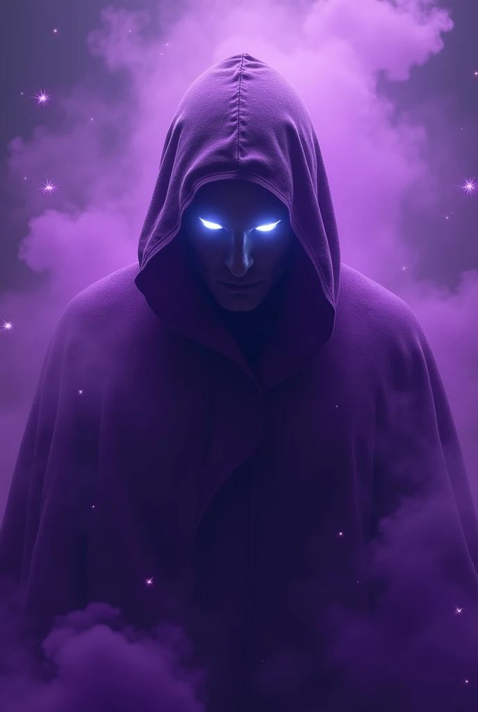 A mysterious man surrounded with purple aura around him, his face covered in something black, purple smoke in the background, purple stars and purple clouds too. The man has white glowing eyes.