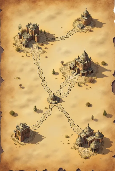 in this style I wanted a big map in the desert, I wanted it as if it were on an ancient papyrus with about 4 cities, for a wild west rpg, I don&#39;t want houses to appear, I want more like a plant