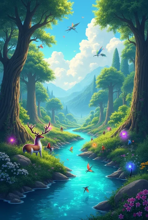 A magical anime-style forest, full of tall, vibrant trees with leaves in intense shades of green. A crystal clear turquoise river winds through the landscape, reflecting the sky and the soft sunlight. Fantastic creatures, like little glowing dragons and de...