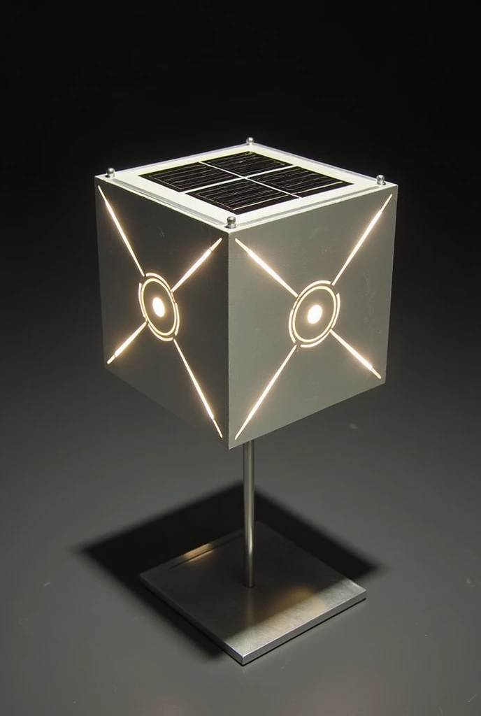  Metal Cuboid front view having top surface of solar pannel of small size having only 1 led at its center of its 4 sides, make leds luminous,shing in different patterns ,  keep only leds in the center , remove lights from its corners color of leds would be...