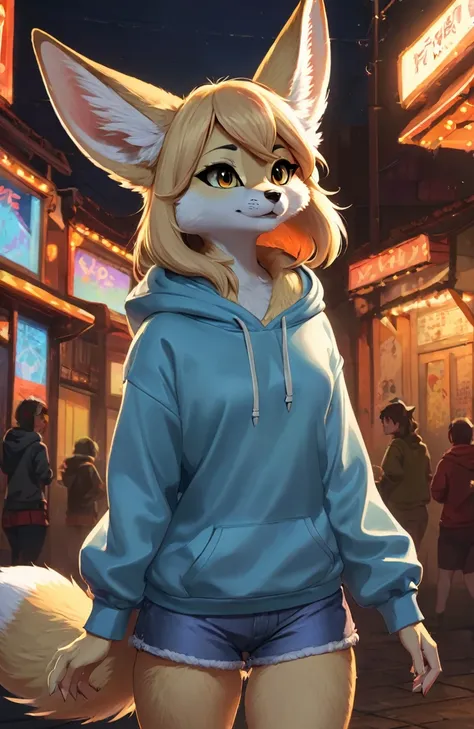 stylized cinematic anime artwork, fluffy anthro furry, fennec, female, hoodie, shorts, single tail, subsurface scattering, smoot...