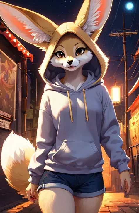 Stylized cinematic anime artwork, fluffy anthro furry, Fennec, female, hoodie, shorts, single tail, subsurface scattering, smooth lines, caustics, hyper realistic painting