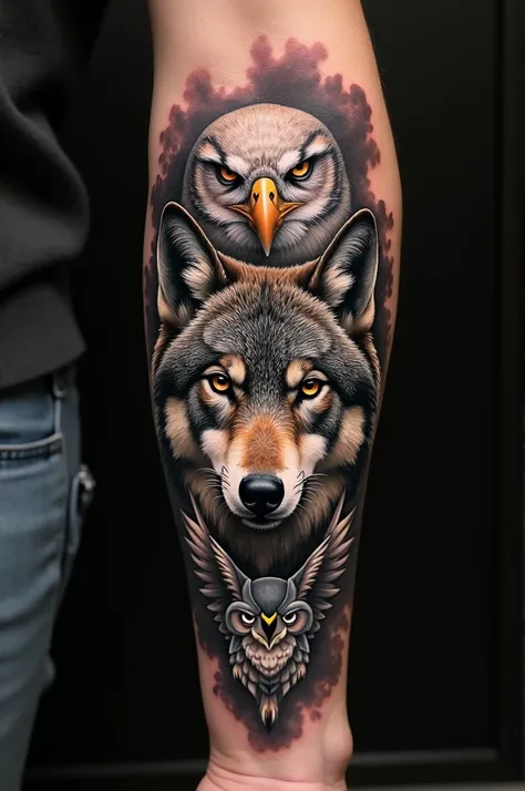 Create a forearm tattoo, with a mix of eagle, owl and as main, a wolf. realistic and preferably head on 