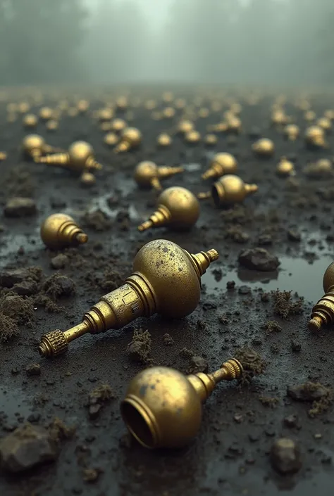 A multitude of brass chandeliers fall into the mud
 