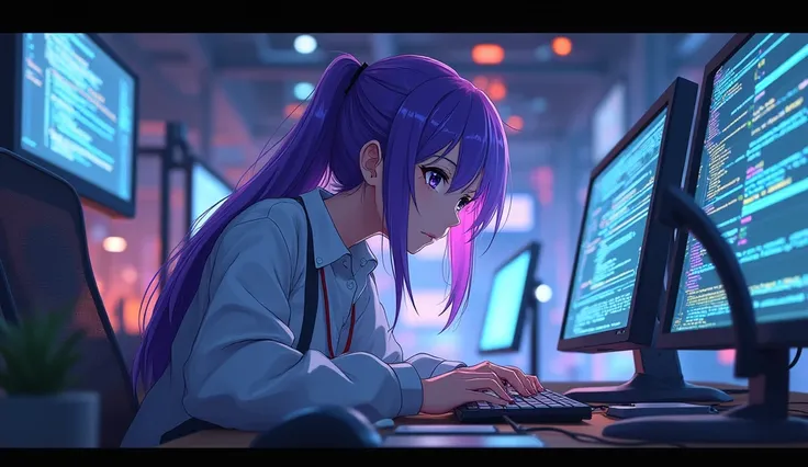 purple hair anime girl programming alone with multiple screens in front of her.