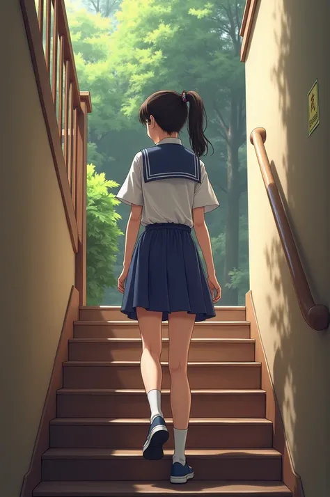 Japanese schoolgirl studying Japanese walks up the stairs completely showing her butt