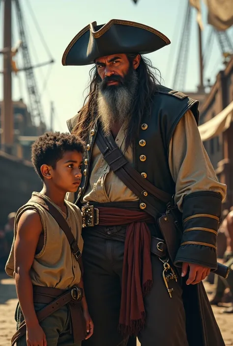 A muscular  broad-shouldered pirate who turns a muscular broad-shouldered boy into a loyal pirate