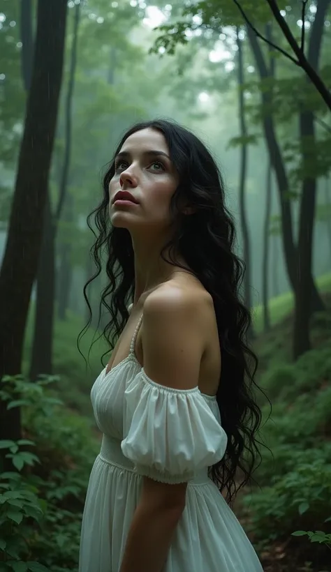 (photorealism:1.2), beautiful woman, in the forest wearing a white dress, long curly hair, soft lighting, trees, looking at the sky with rain, black hair, relaxed pose, realistic, intricate details, dark colors, pale skin