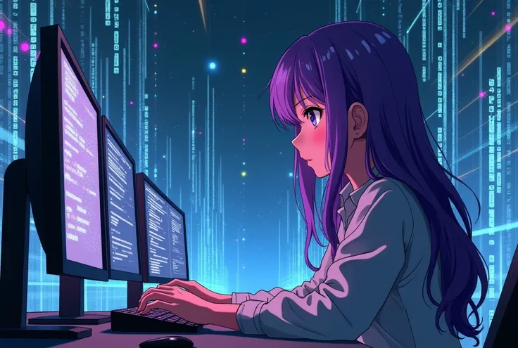 purple hair anime girl programming alone with multiple screens in front of her.
matrix like