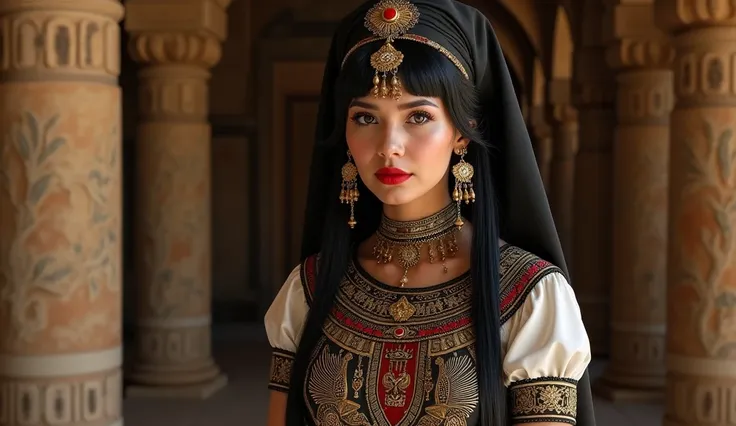 Egypt as an egiptian faraoh waitress in black, white, red and gold colors. intricated brocado and lace costume. Victorian Goth scene