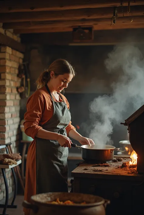 Mother cooking on a wood stove. Plano general.
