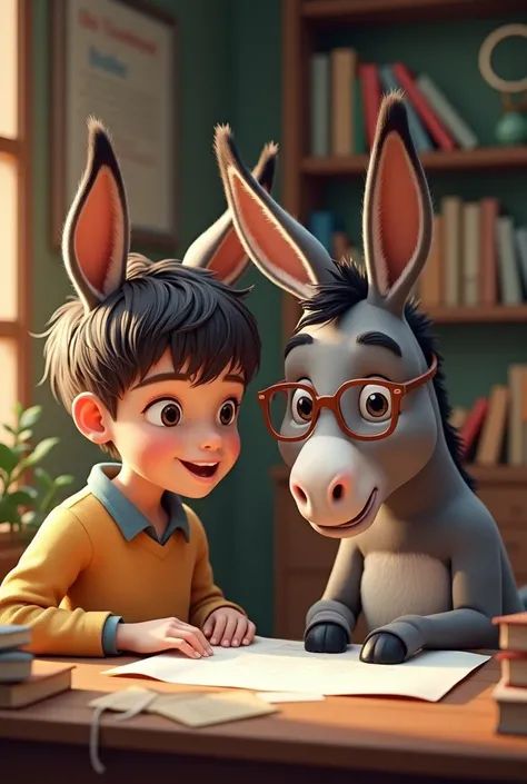 A smart boy helping the donkey with his schoolwork