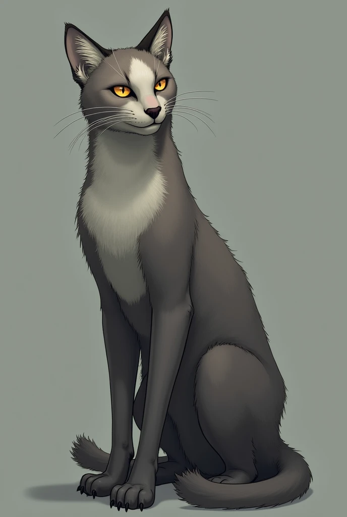 Wolfpaw is a massive, lanky cat. Xyr fur is pinkish-deep gray, with a white mark on xyr forehead and a white ear. It is shiny and of medium length. Xe has a square face with small honey yellow eyes. Xe has a rasping voice and a rancid scent. Wolfpaw has on...