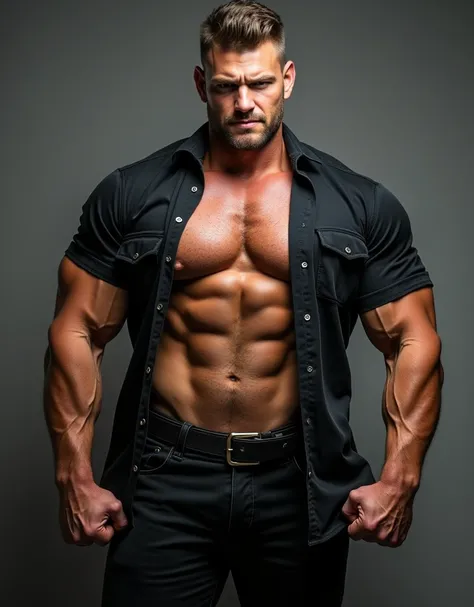 ((best quality)), ((masterpiece)), (detailed), male, perfect face, ripped, police officer, showcasing +++unnatural+++ and +++obscenely+++ muscular +++gargantuan+++ chest that appears to burst out of the unbuttoned shirt, +++colossal+++ pecs that defy human...