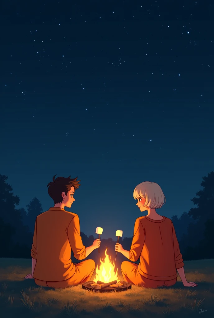 A 2 couple with short hair, dresses with clothes in highlighted orange color, sitting around a campfire, assando marshmallows, on a night with stars, on a realistic lawn, in size 50x70