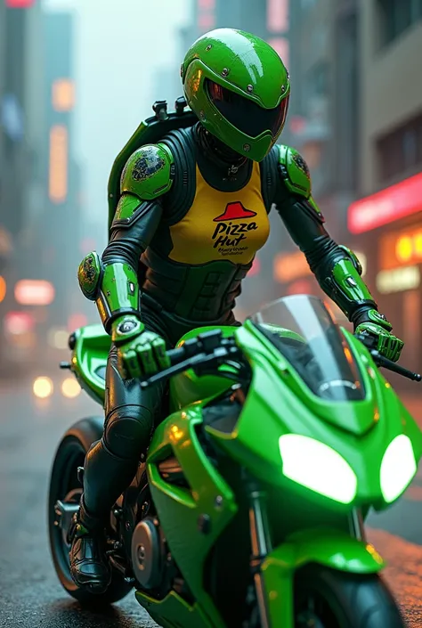 Female turtle armor ninja robot suit wearing Pizza Hut uniform while riding green tron bike 