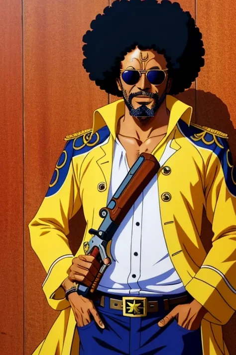 An admiral from One Piece, black old man, afro hair, beard, sunglasses, charismatic, holding a gun