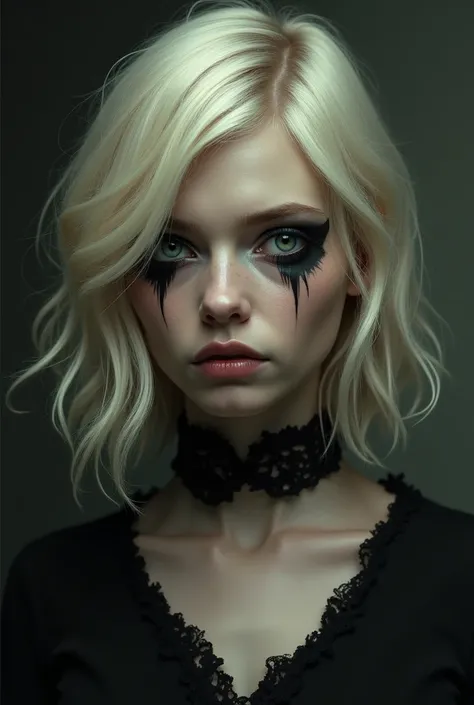 a white woman, hair to the shoulders, blondes, with black highlights, green eyes, dark circles under the eyes, a gothic style in it