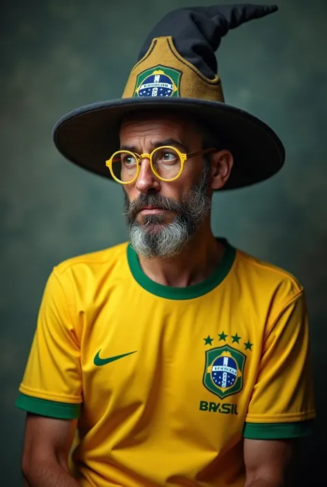 an adult man with yellow glasses with a serious face, small wizard hat, wearing a Brazil shirt