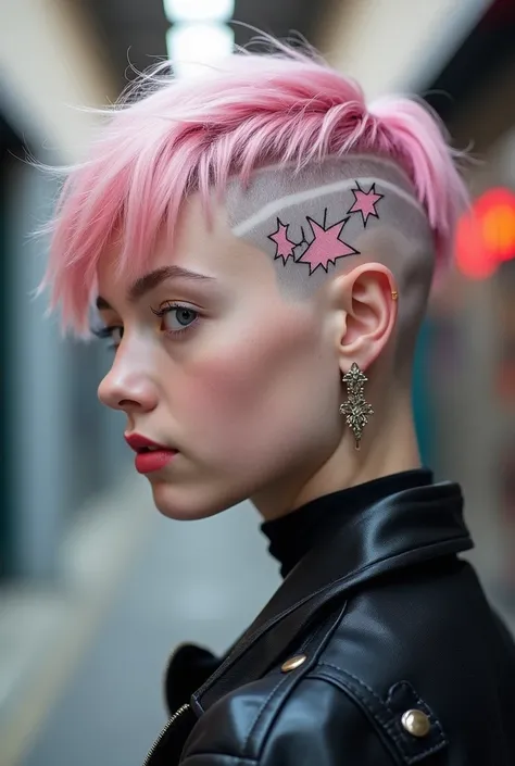 A bleached nape undercut with a pink star design, in a real person and in a female hair