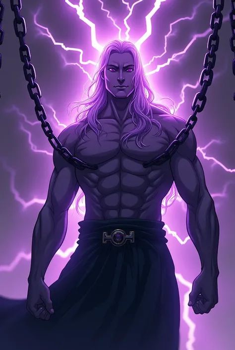 A mysterious man surrounded by a dark purple aura around him. You cant see his face. You can see dark purple lightnings in the background and giant chains around this man. He is looking like he was struck by one of the lightnings and noe he is consuming th...