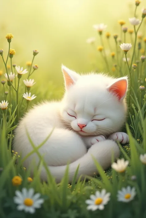 Cute white cat sleeping in Grass 