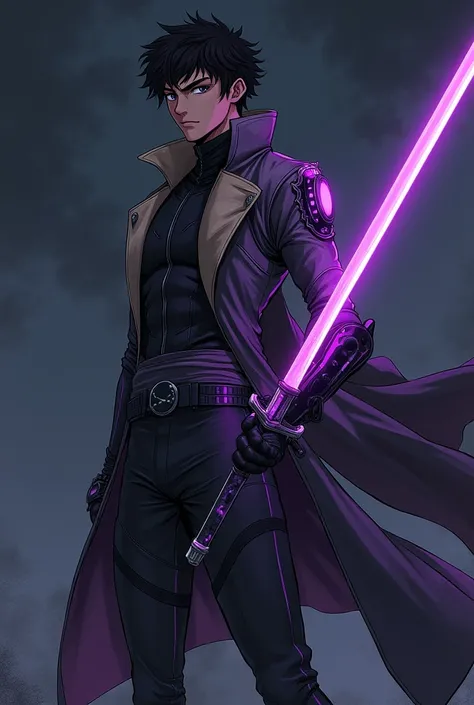 Detailed shonen anime style. black warrior, black eyes, with short curly hair, wearing a high-tech futuristic suit. The suit is grey with purple accents and black sections.. He wears a long black coat with beige interior.. He holds a futuristic glowing pur...