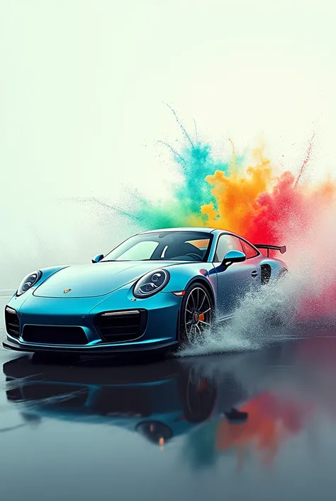 Hyper realistic detailed Photo from the top of a Porsche running over a splash of colored water